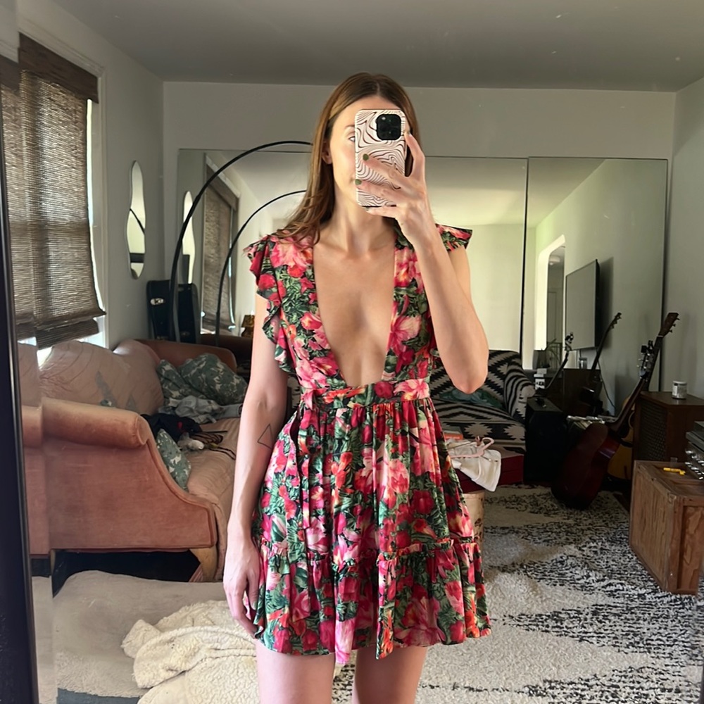 MAJORELLE Floral Mini Dress in Pink and Green